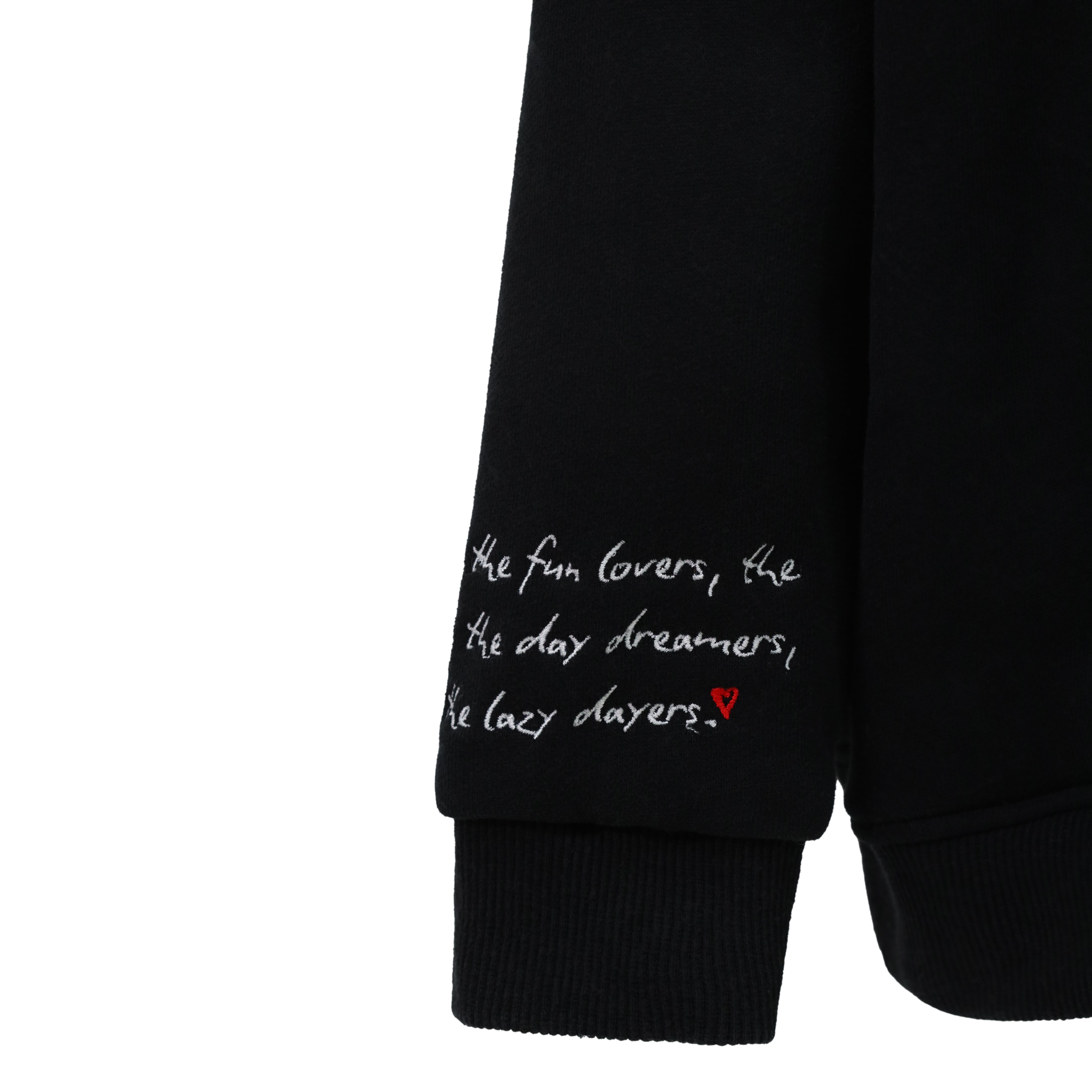 100% cotton black hoodie for kids - embroidered branding and detail - font view - girls activewear - sleeve details