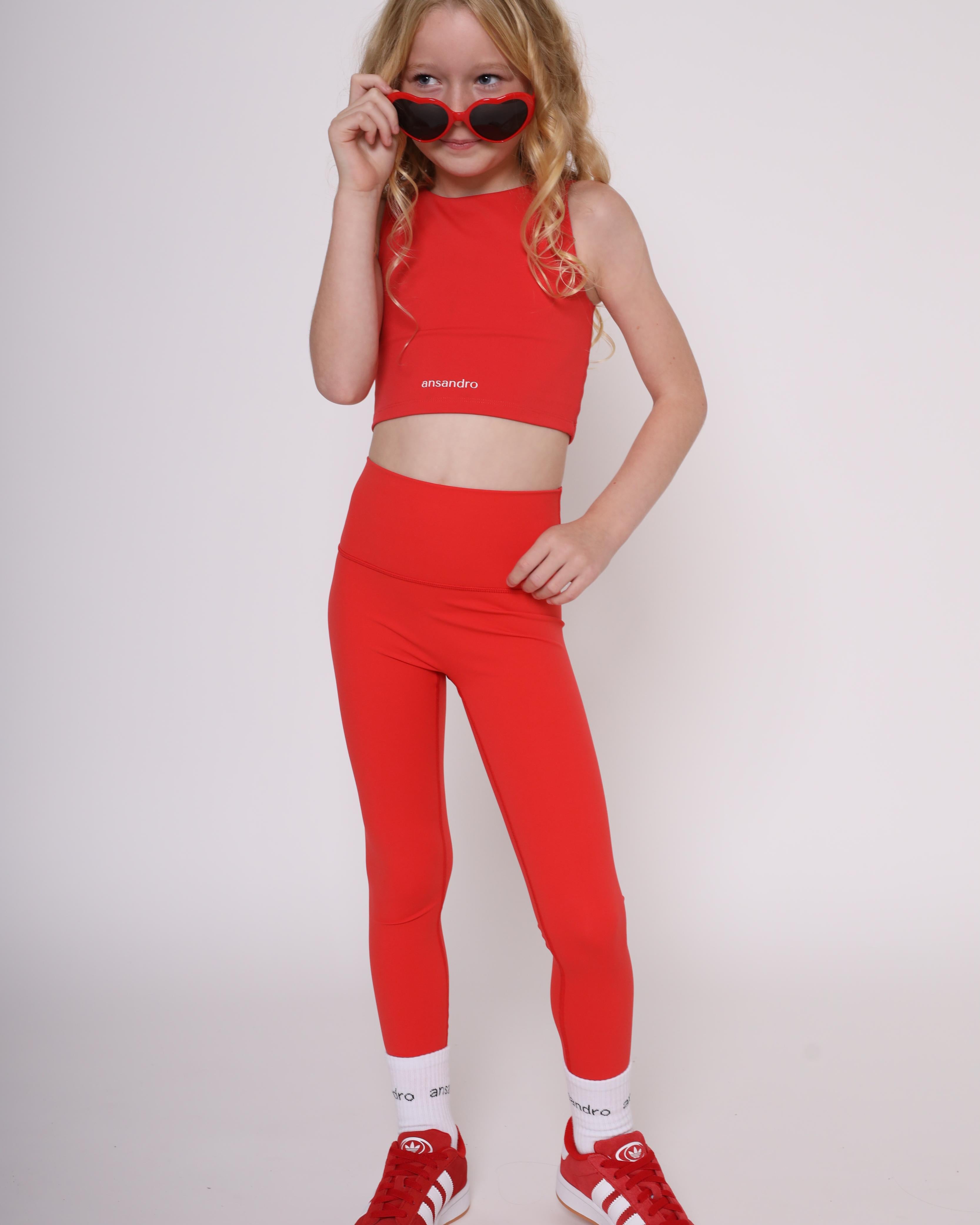 Girls' high-waisted leggings in vibrant colours (red) - perfect for sports and casual wear - full set - Front View