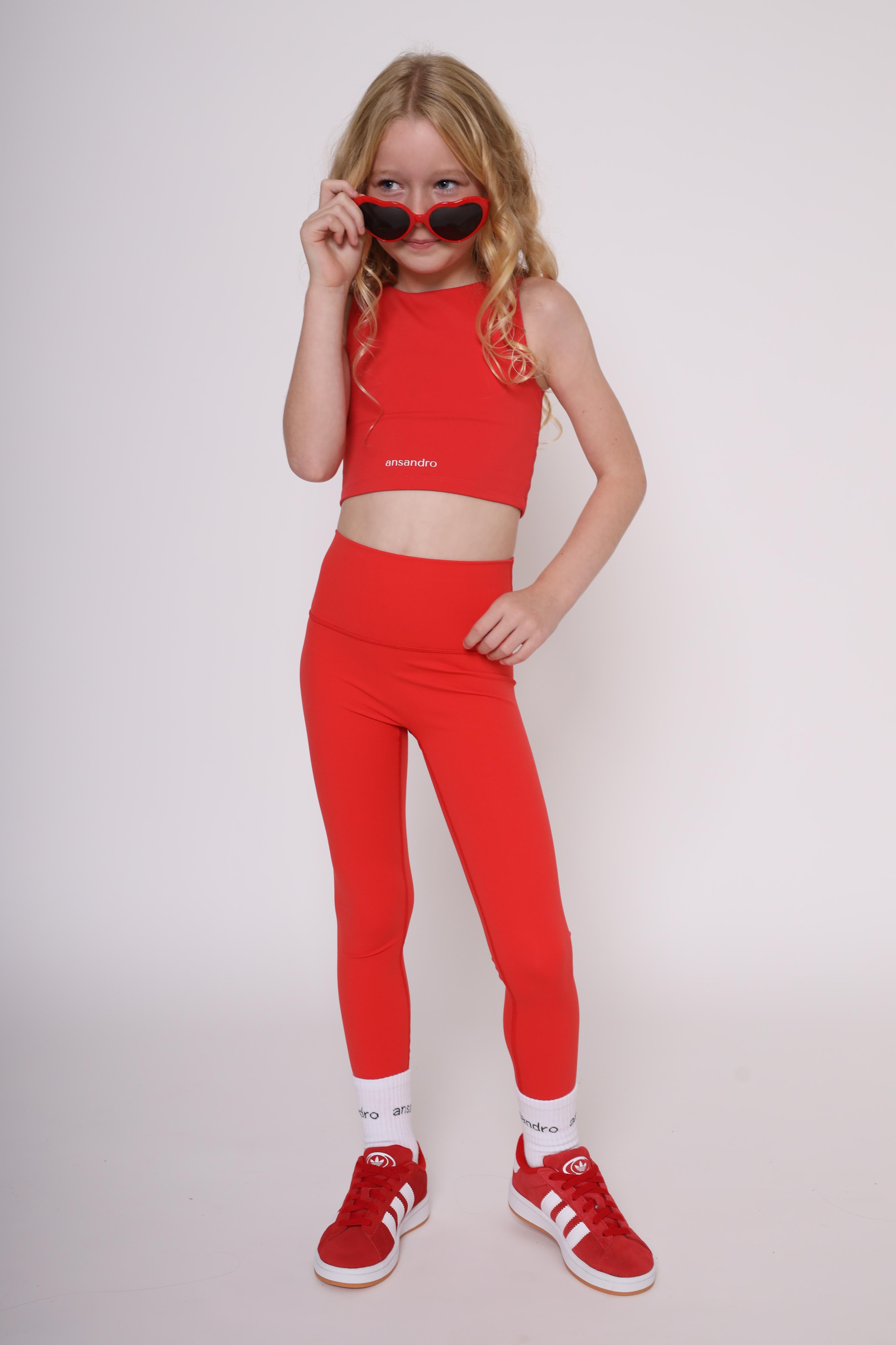 Girls' high-waisted leggings in vibrant colours (red) - perfect for sports and casual wear - full set - Front View