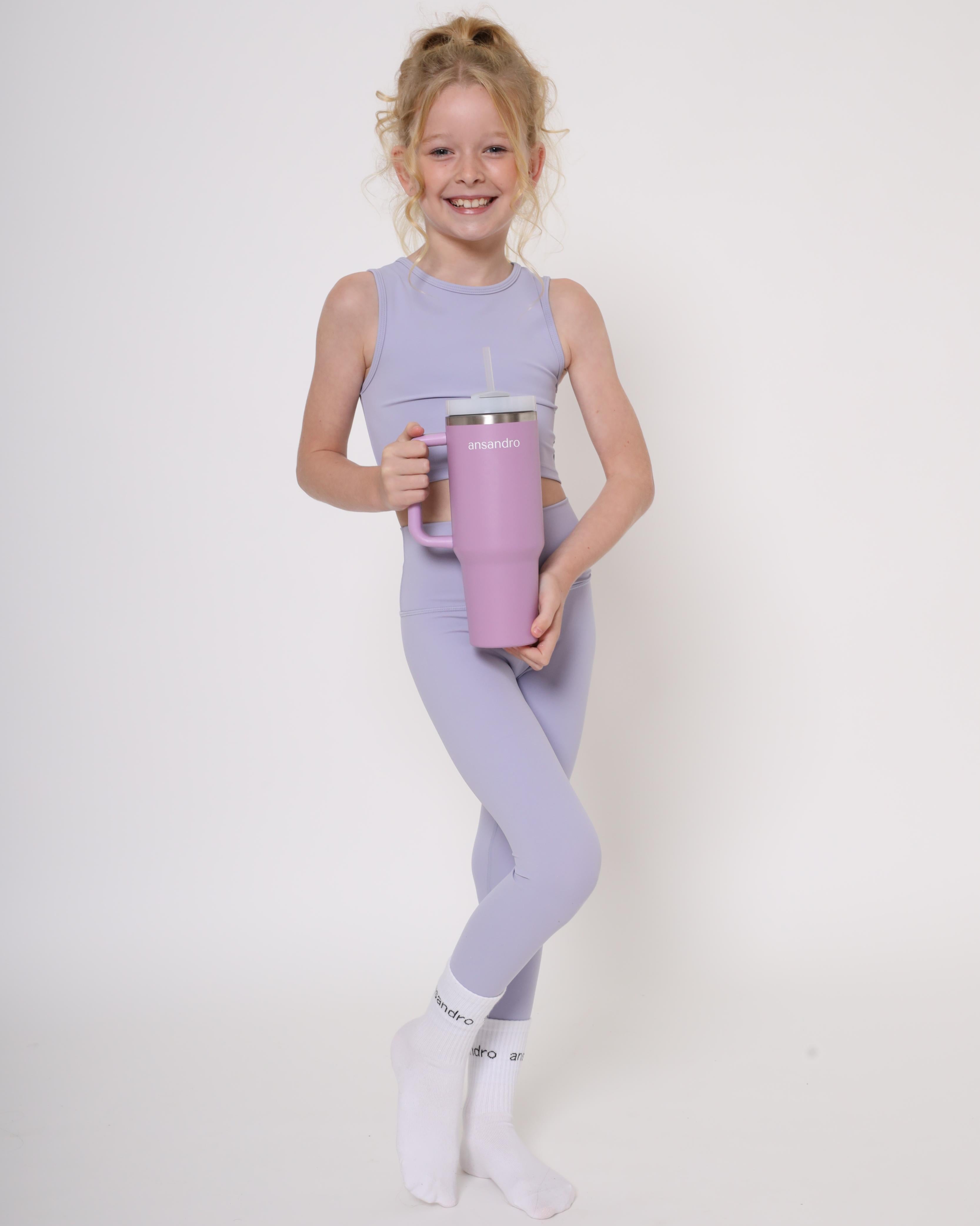 Durable girls high-waisted leggings for gymnastics, dance, and everyday adventures in lilac and other bright colours. Full set with branded stanley