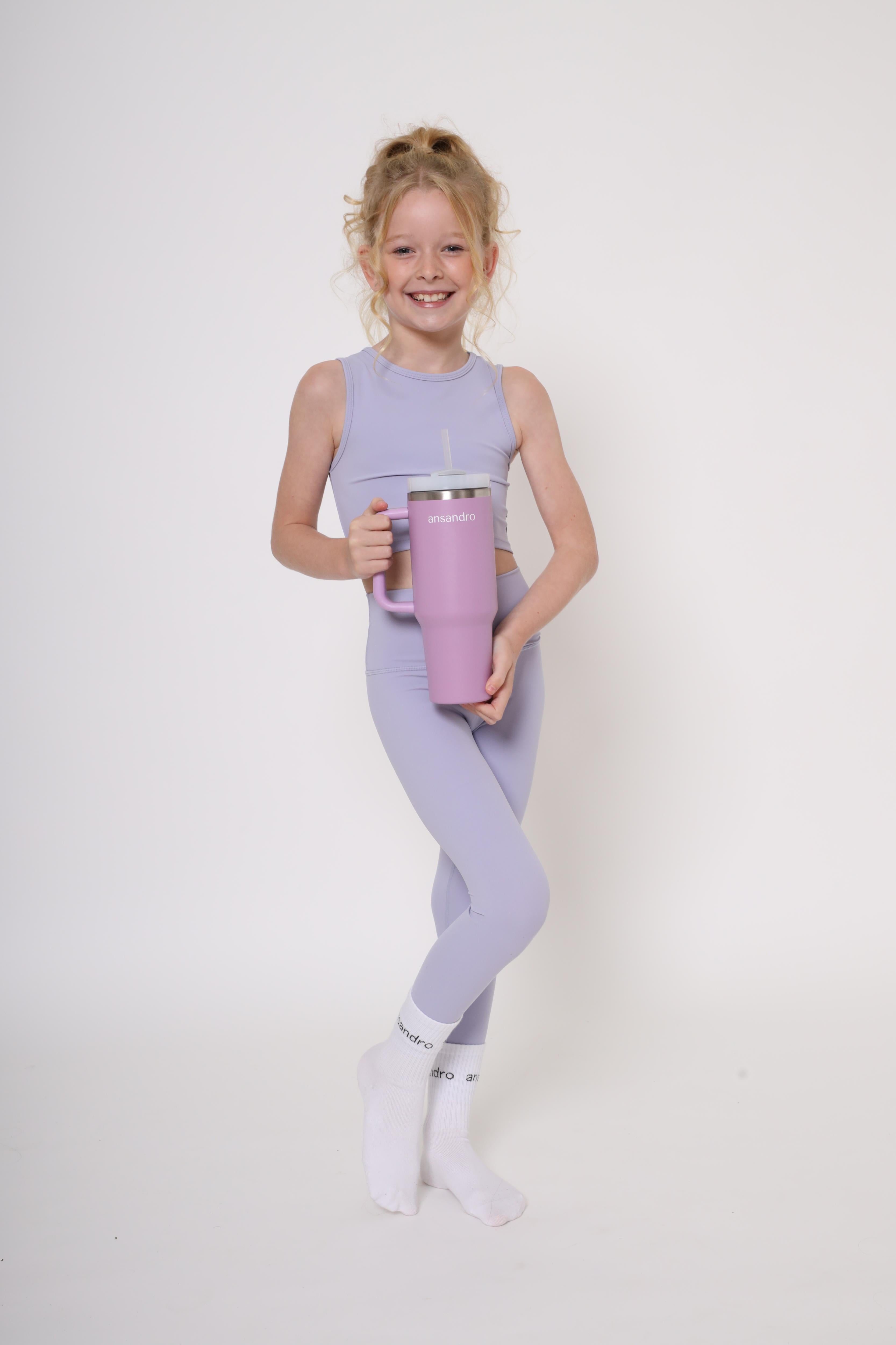 Durable girls high-waisted leggings for gymnastics, dance, and everyday adventures in lilac and other bright colours. Full set with branded stanley