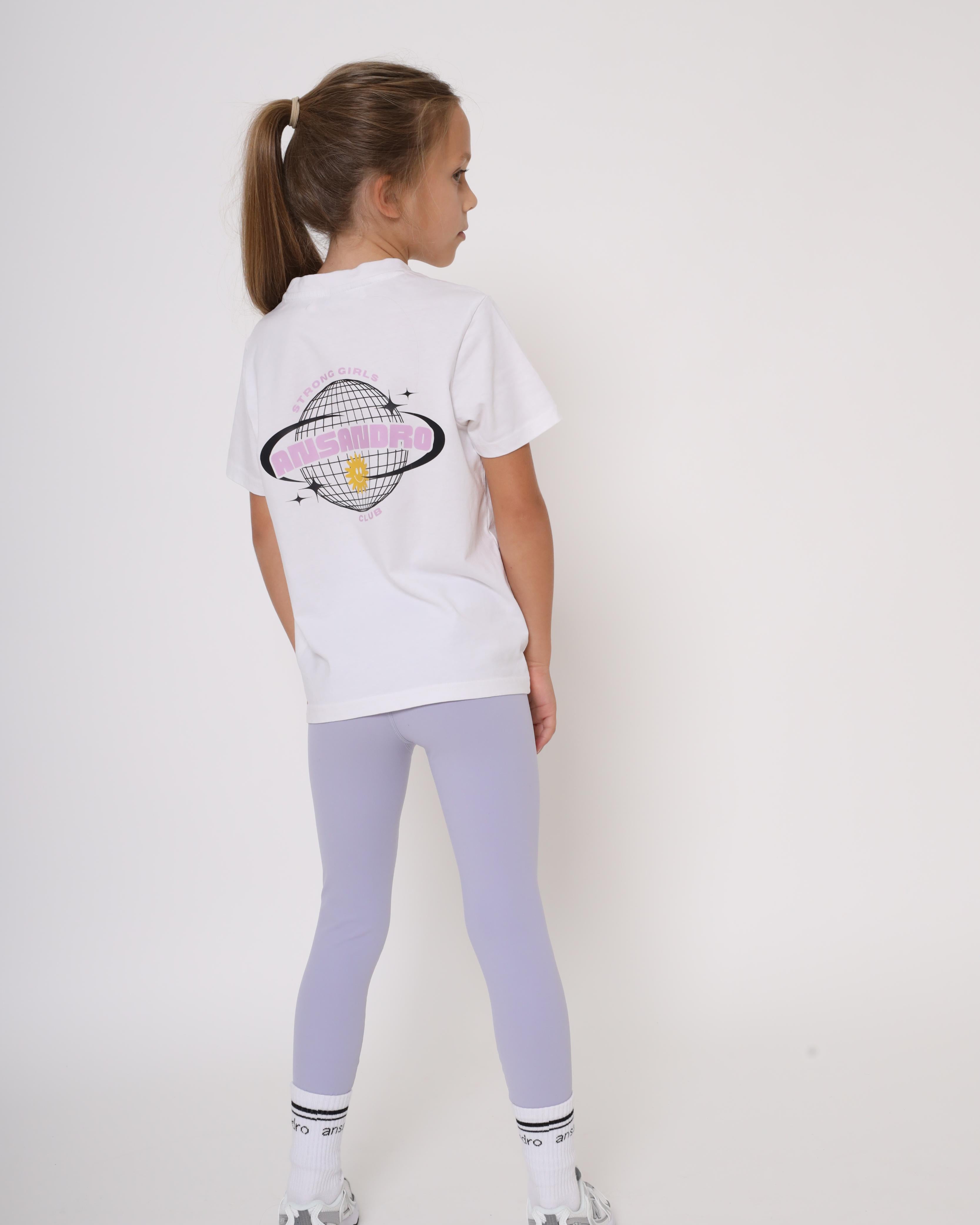 Durable high-waisted lilac leggings for gymnastics, dance, and everyday adventures with 100% cotton branded tshirt