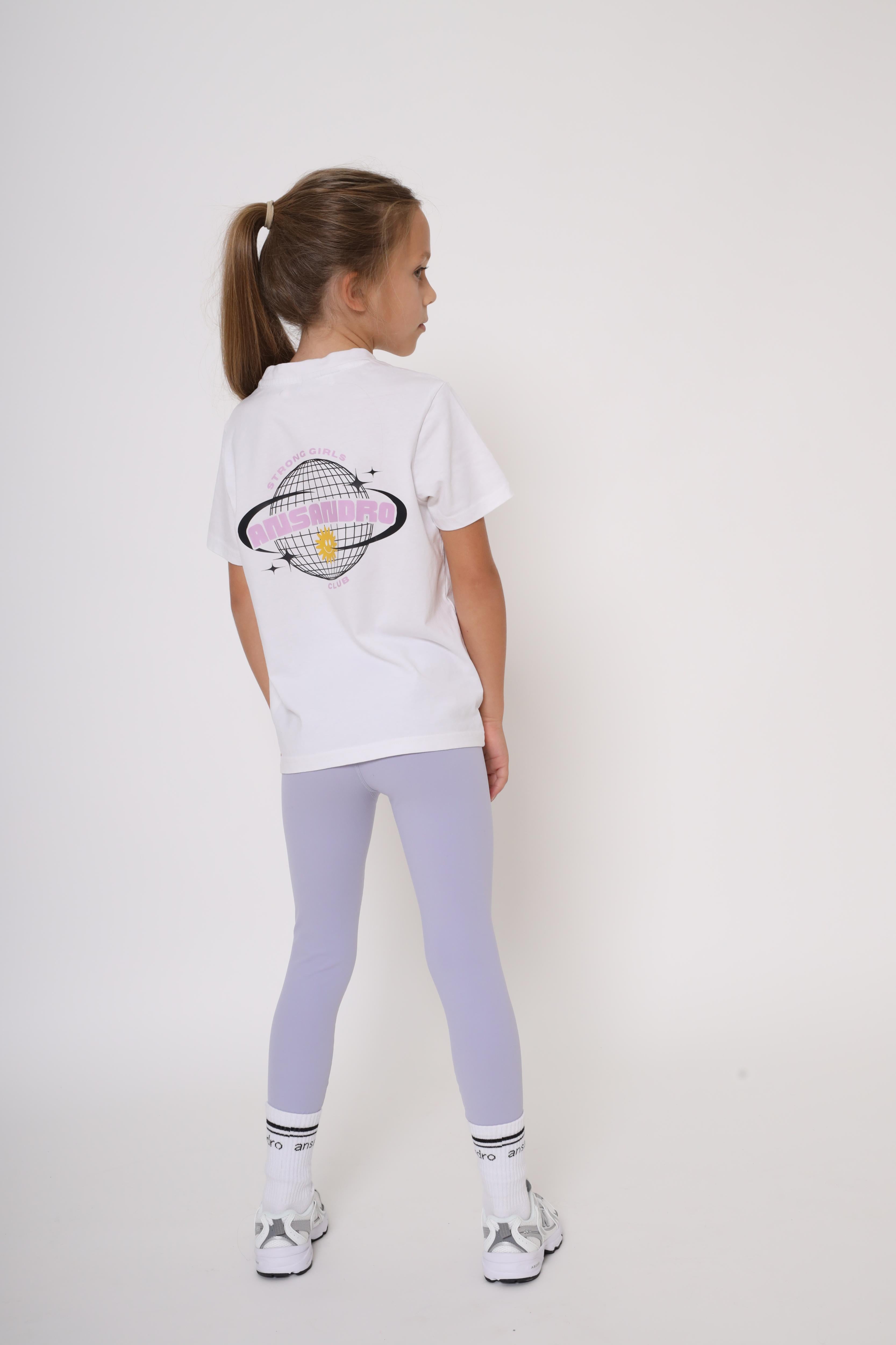 Durable high-waisted lilac leggings for gymnastics, dance, and everyday adventures with 100% cotton branded tshirt
