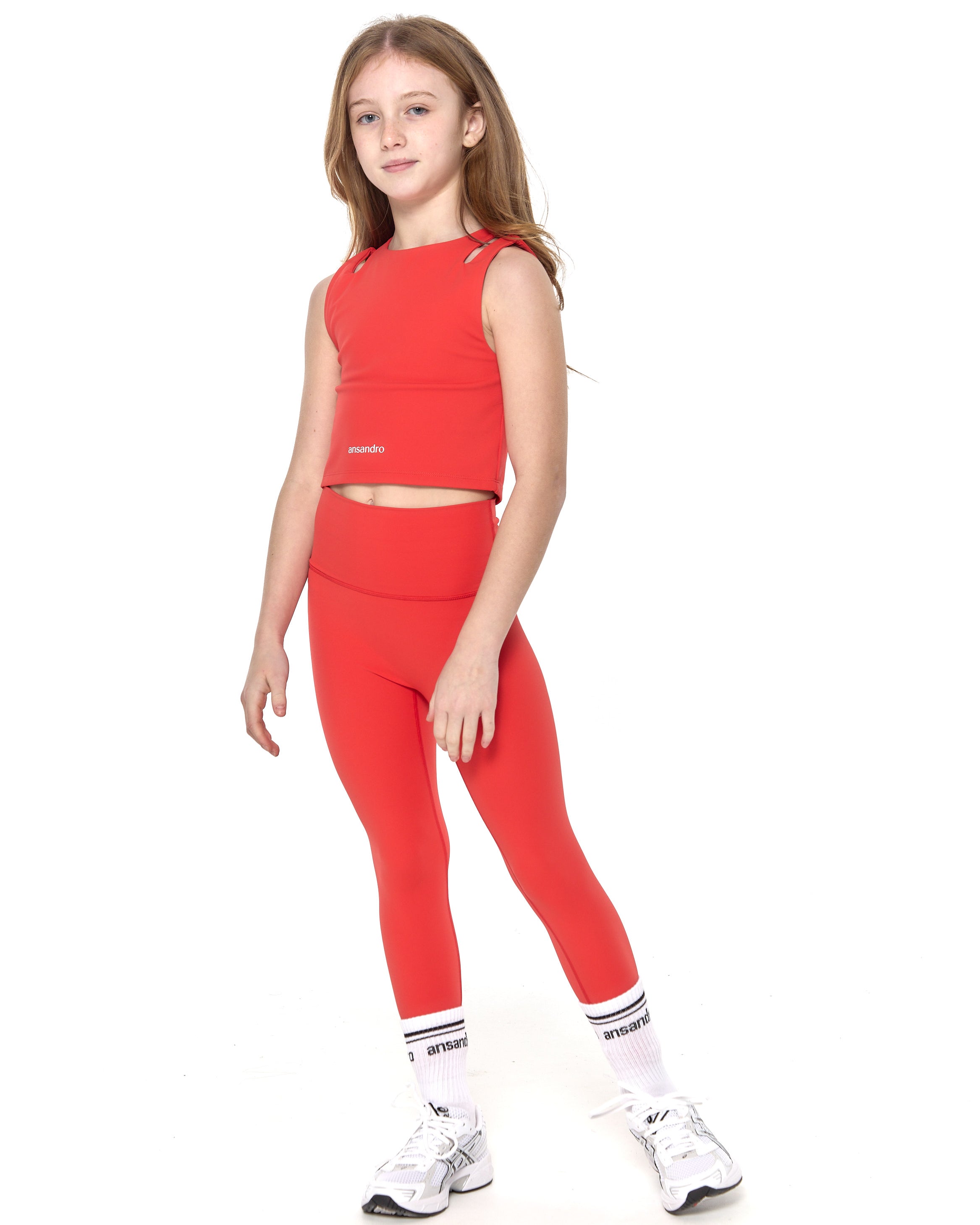 Girls' high-waisted leggings and matching cropped tank in vibrant colours (red) - perfect for sports and casual wear - full set