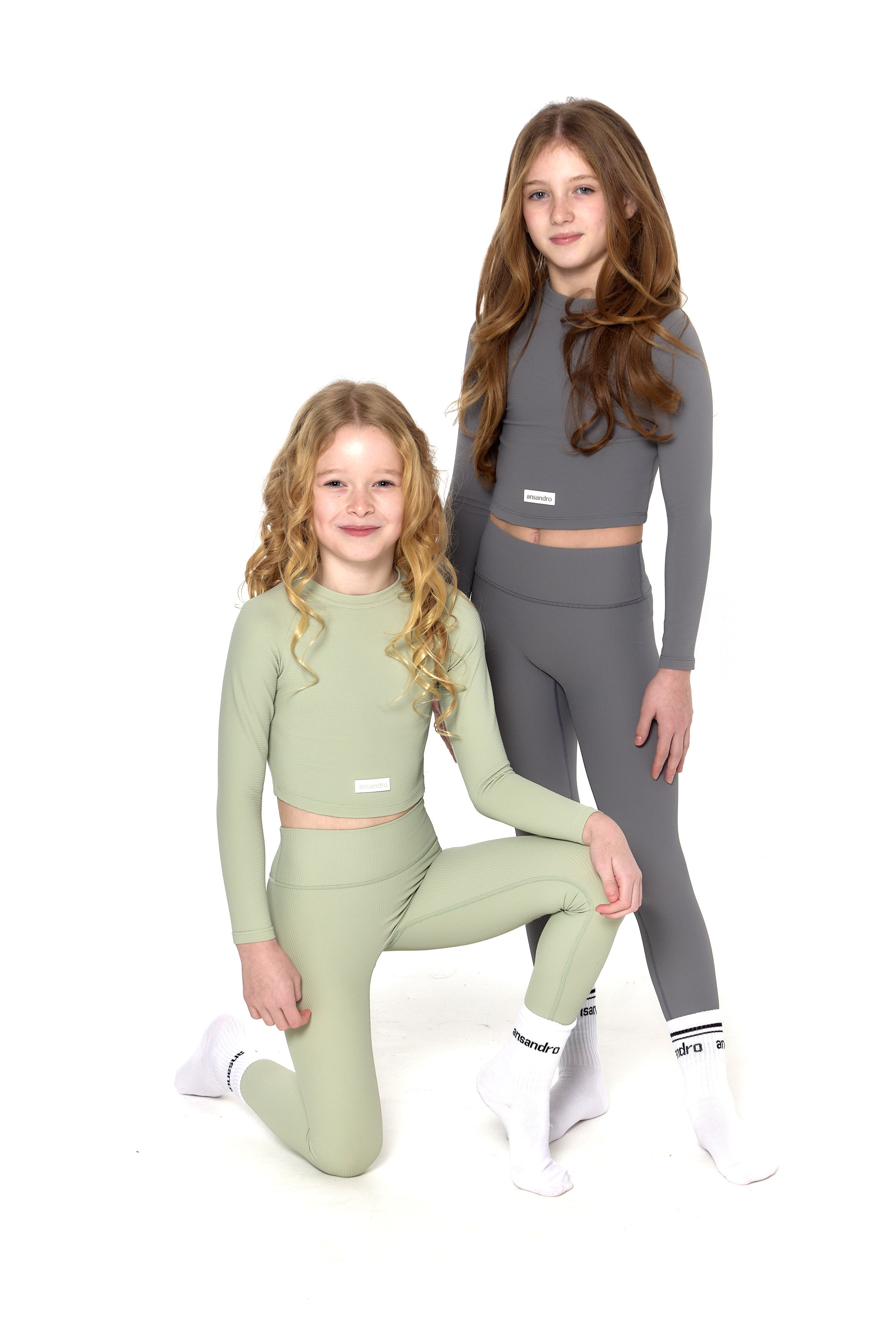 Premium ribbed fabric set for kids - high-waisted leggings and cropped top - charcoal and sage activewear for girls