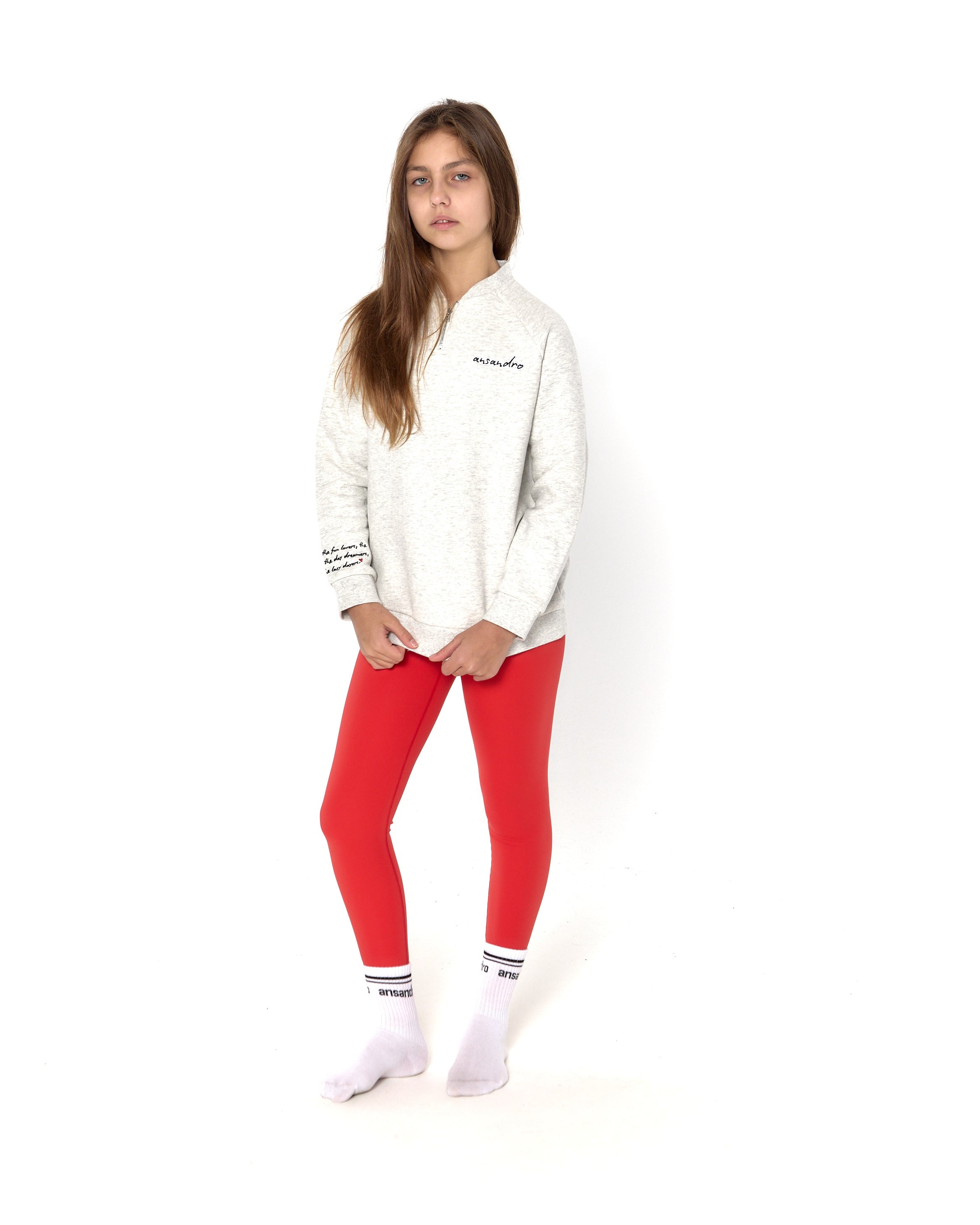 Girls' high-waisted leggings in vibrant colours (red) - perfect for sports and casual wear - full set with 100% cotton branded grey zip sweatshirt and branded socks