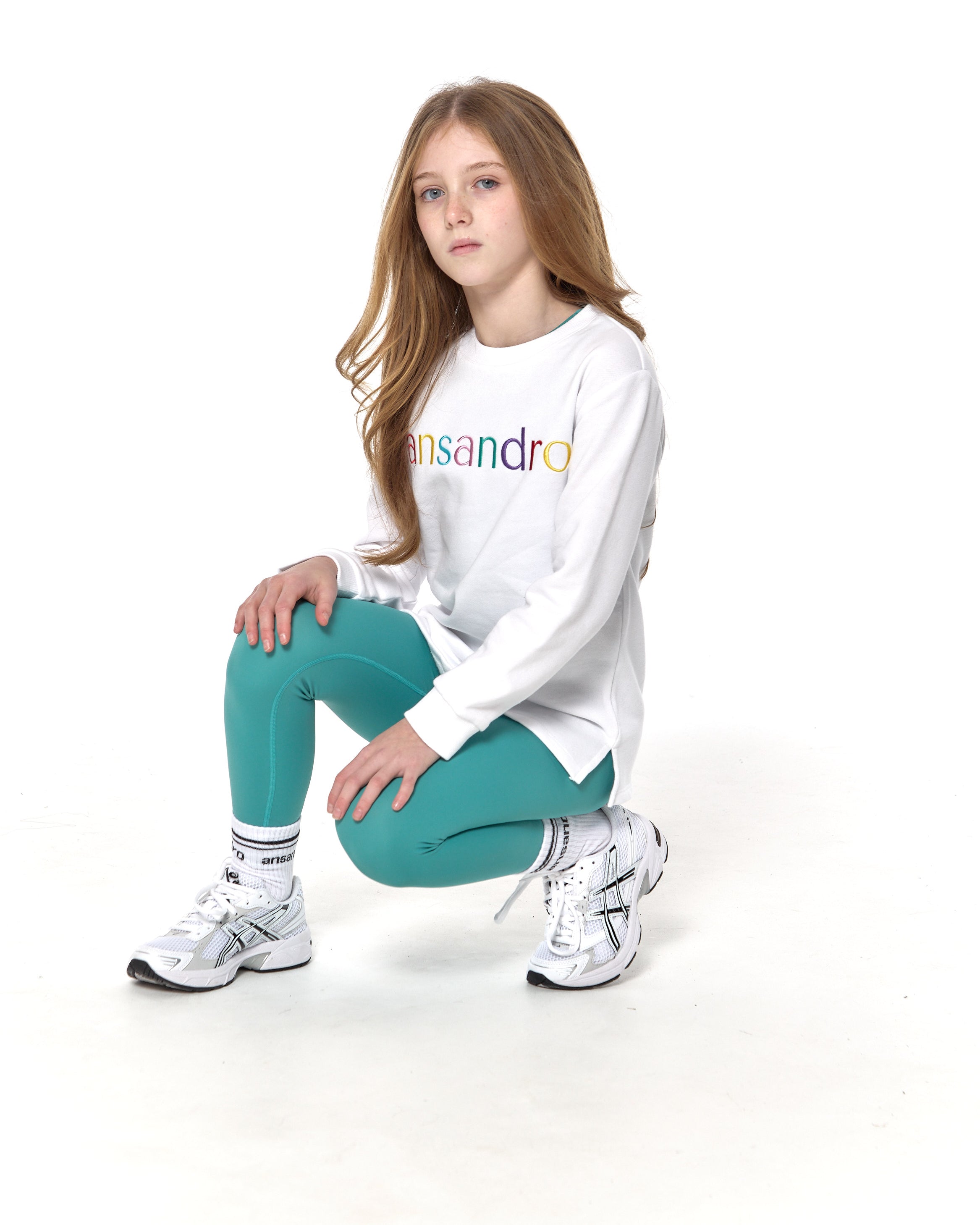 Girls' high-waisted leggings in vibrant colours (teal) - perfect for sports and casual wear - full set with white 100% cotton sweatshirt