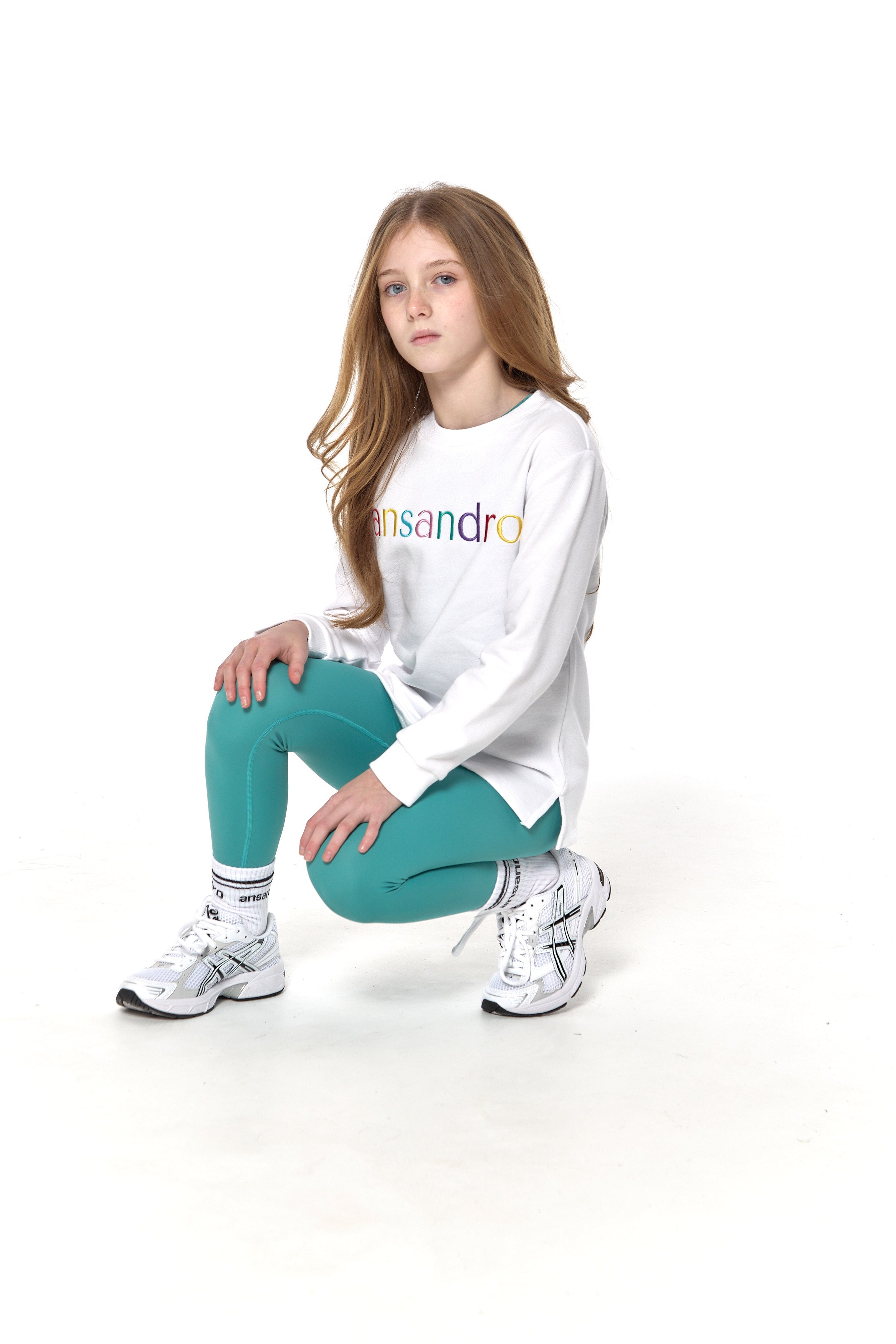 Girls' high-waisted leggings in vibrant colours (teal) - perfect for sports and casual wear - full set with white 100% cotton sweatshirt