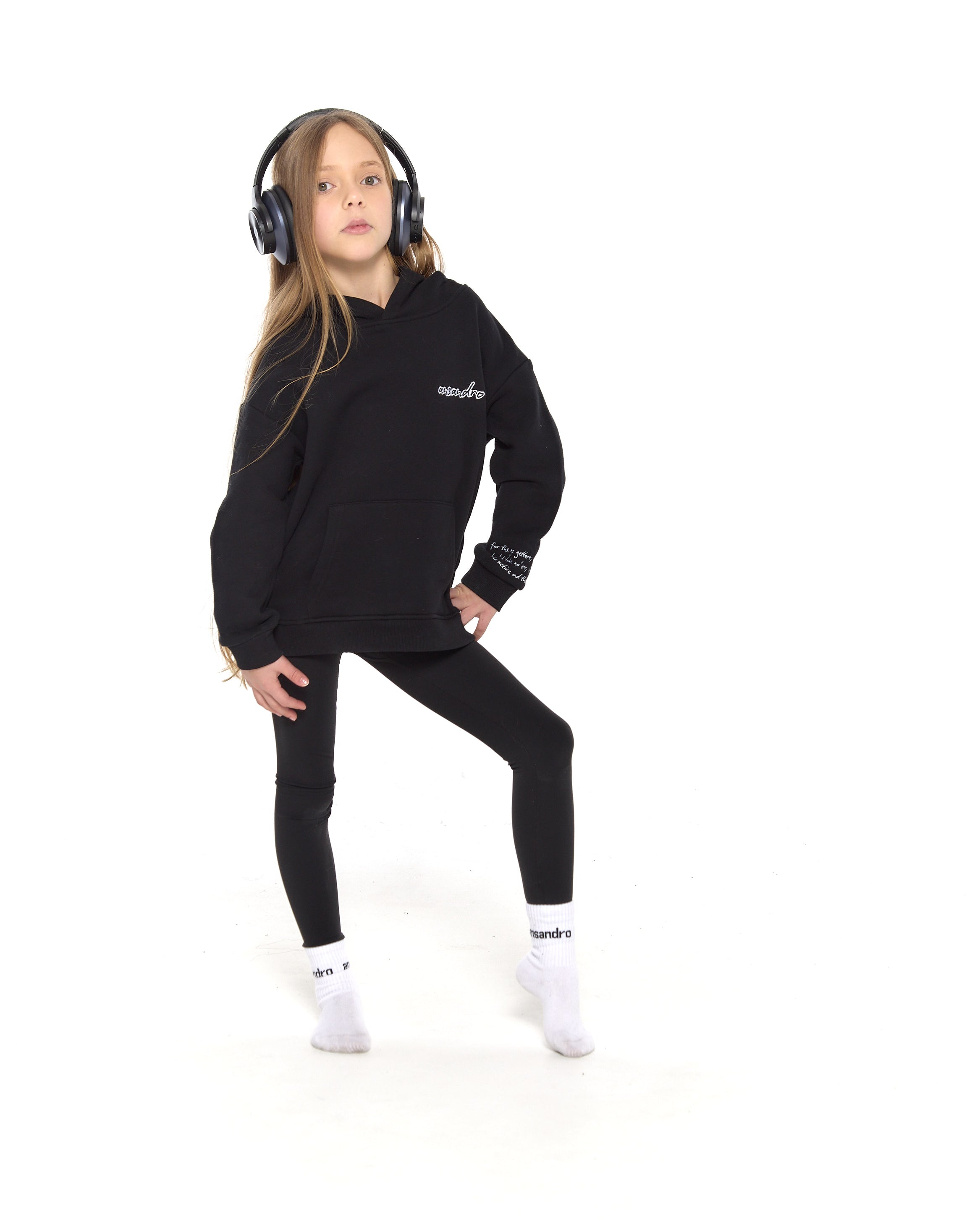 Black high-waisted leggings for kids - premium activewear for comfort and style. Paired with Black 100% cotton hoodie.