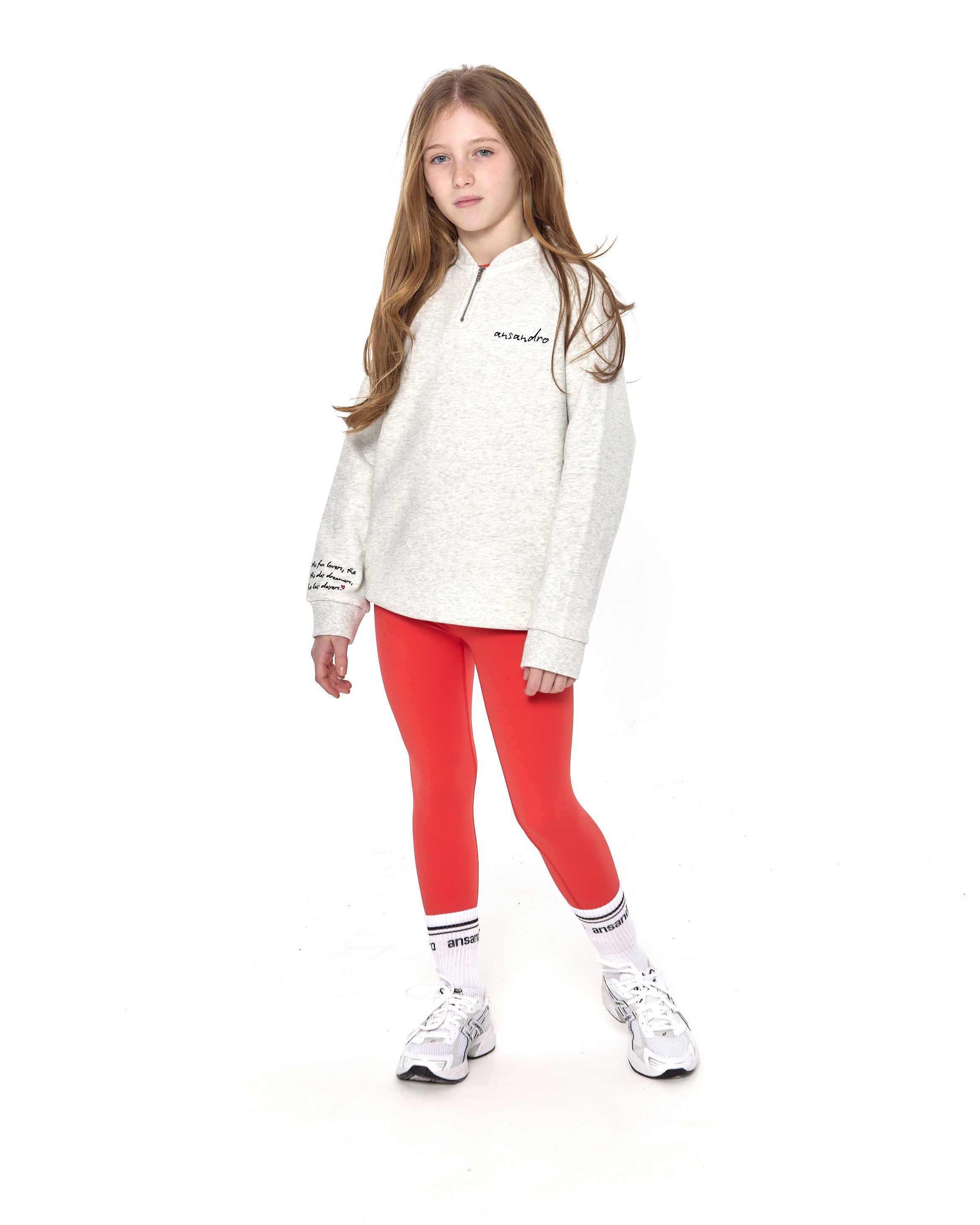 Girls' high-waisted leggings in vibrant colours (red) - perfect for sports and casual wear - full set with grey 100% cotton sweatshirt
