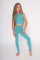 Girls' high-waisted leggings in vibrant colours (teal) - perfect for sports and casual wear - full set