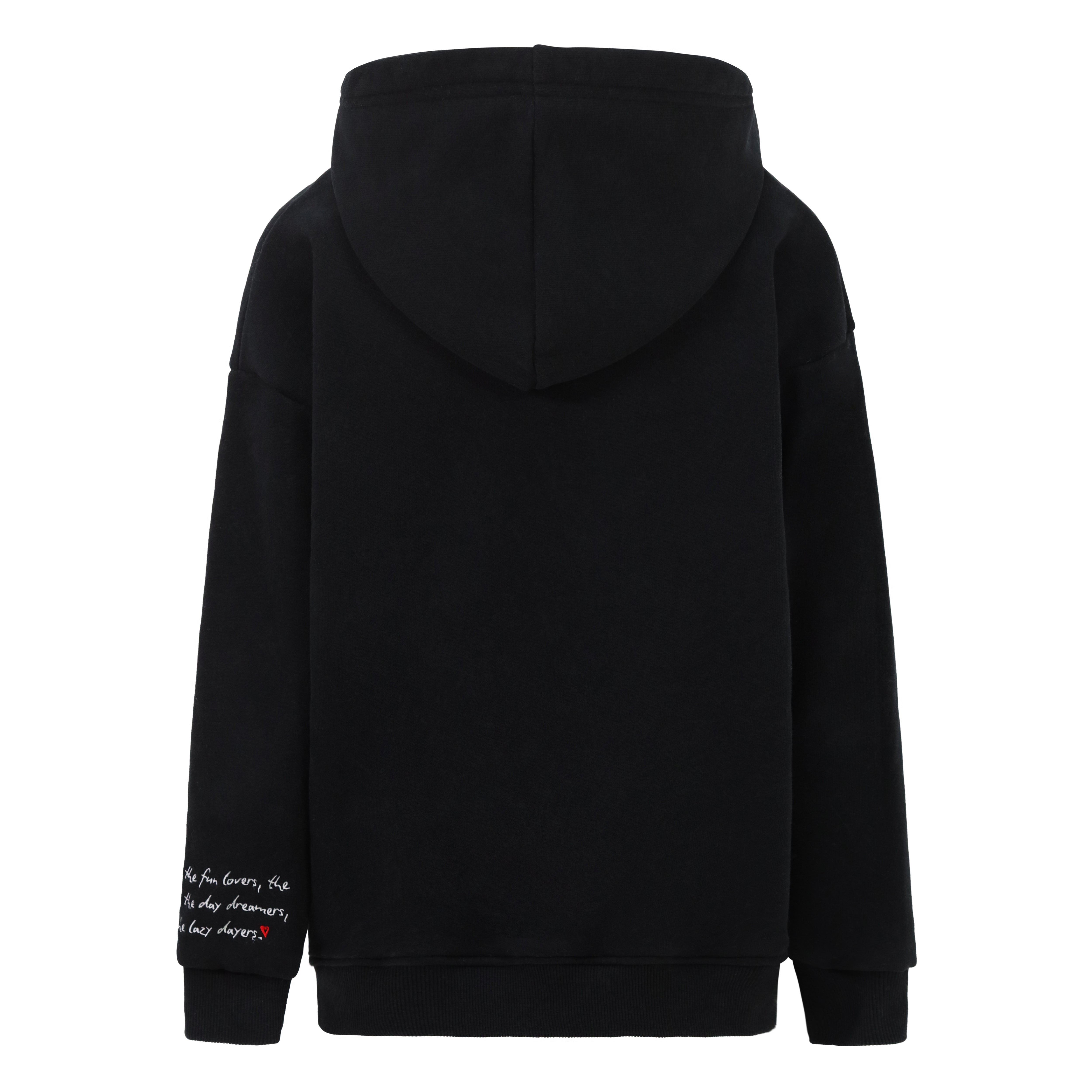 Premium kids' black hoodie with embroidered branding - activewear essential - 100% cotton - back view