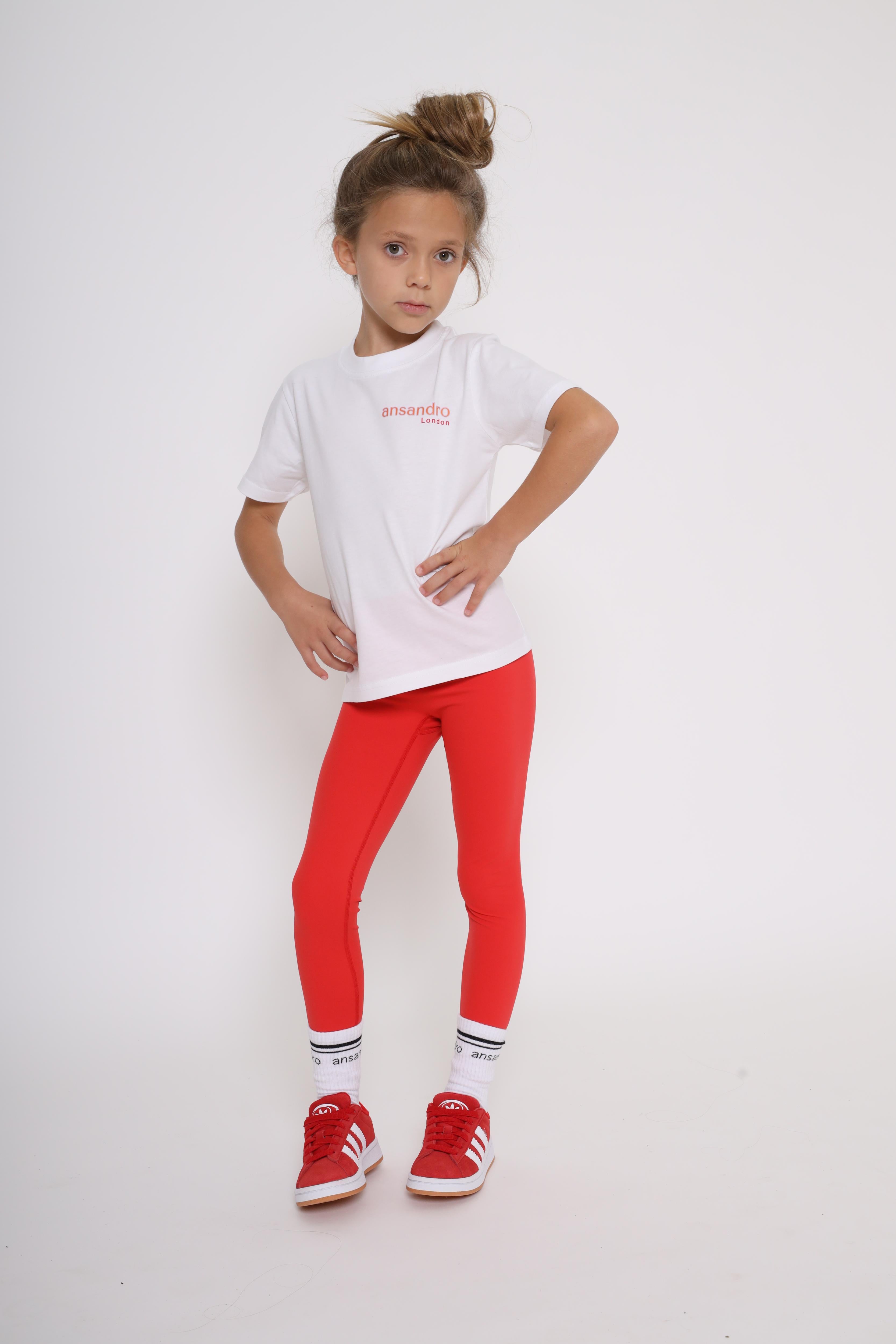 Girls' high-waisted leggings in vibrant colours (red) - perfect for sports and casual wear - full set with 100% cotton tshirt