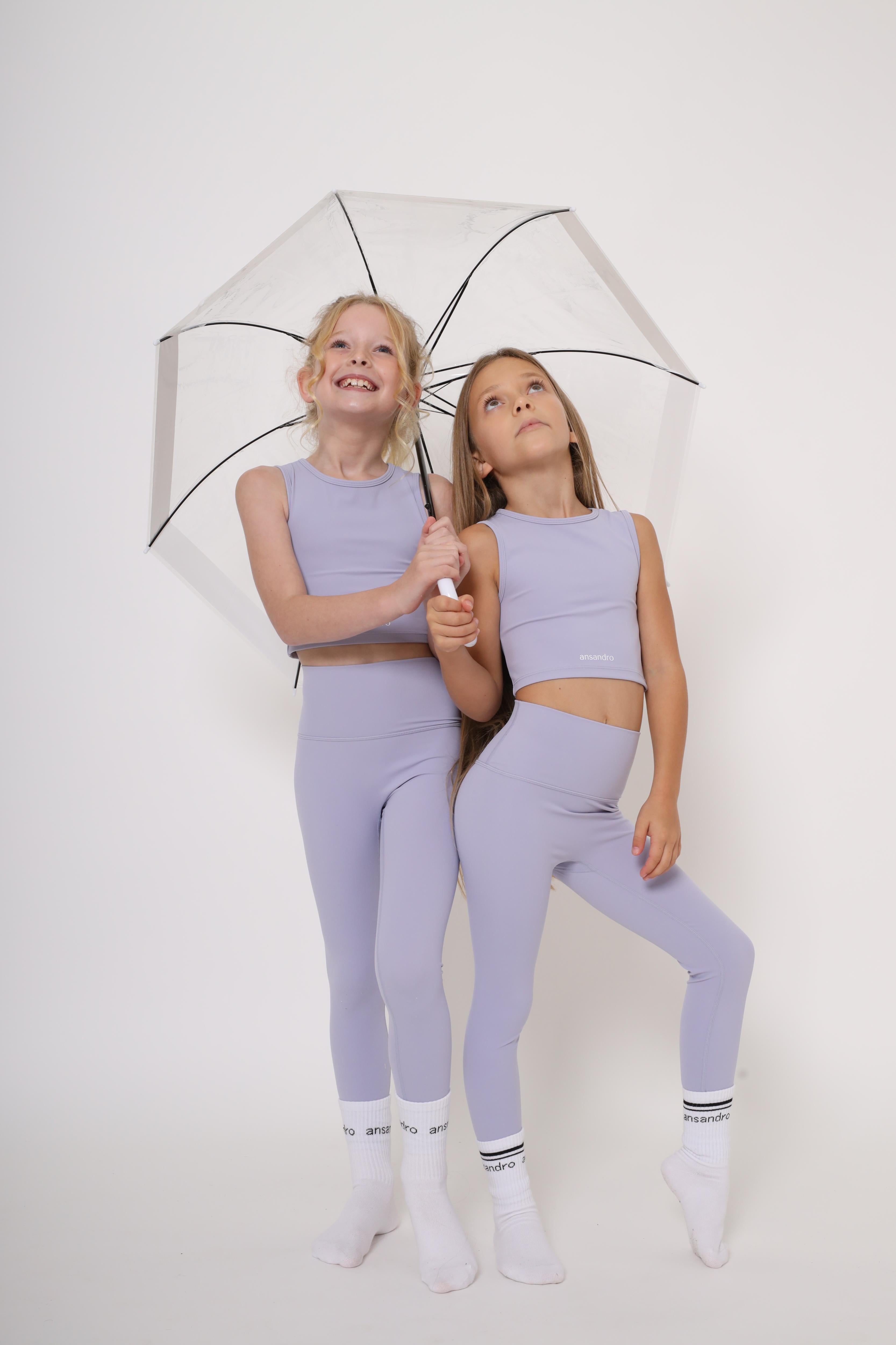 Soft and stretchy high-waisted leggings for children - Ansandro activewear lilac set with branded socks and umbrella