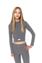 Premium ribbed fabric set for kids - high-waisted leggings and cropped top - charcoal activewear for girls
