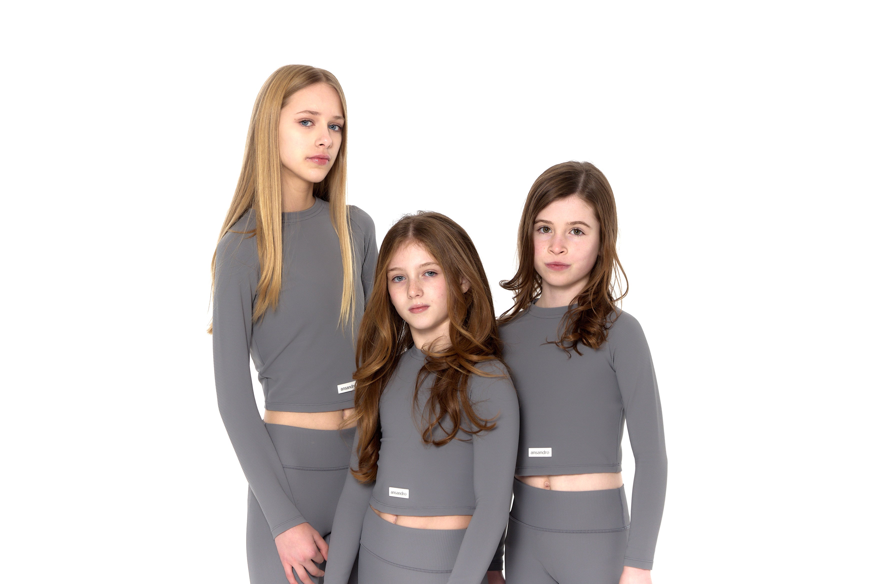 Premium ribbed fabric set for kids - high-waisted leggings and cropped top - charcoal activewear for girls