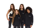 100% cotton black hoodie for kids - embroidered branding and detail - font view - girls activewear - paired with black high-waisted leggings