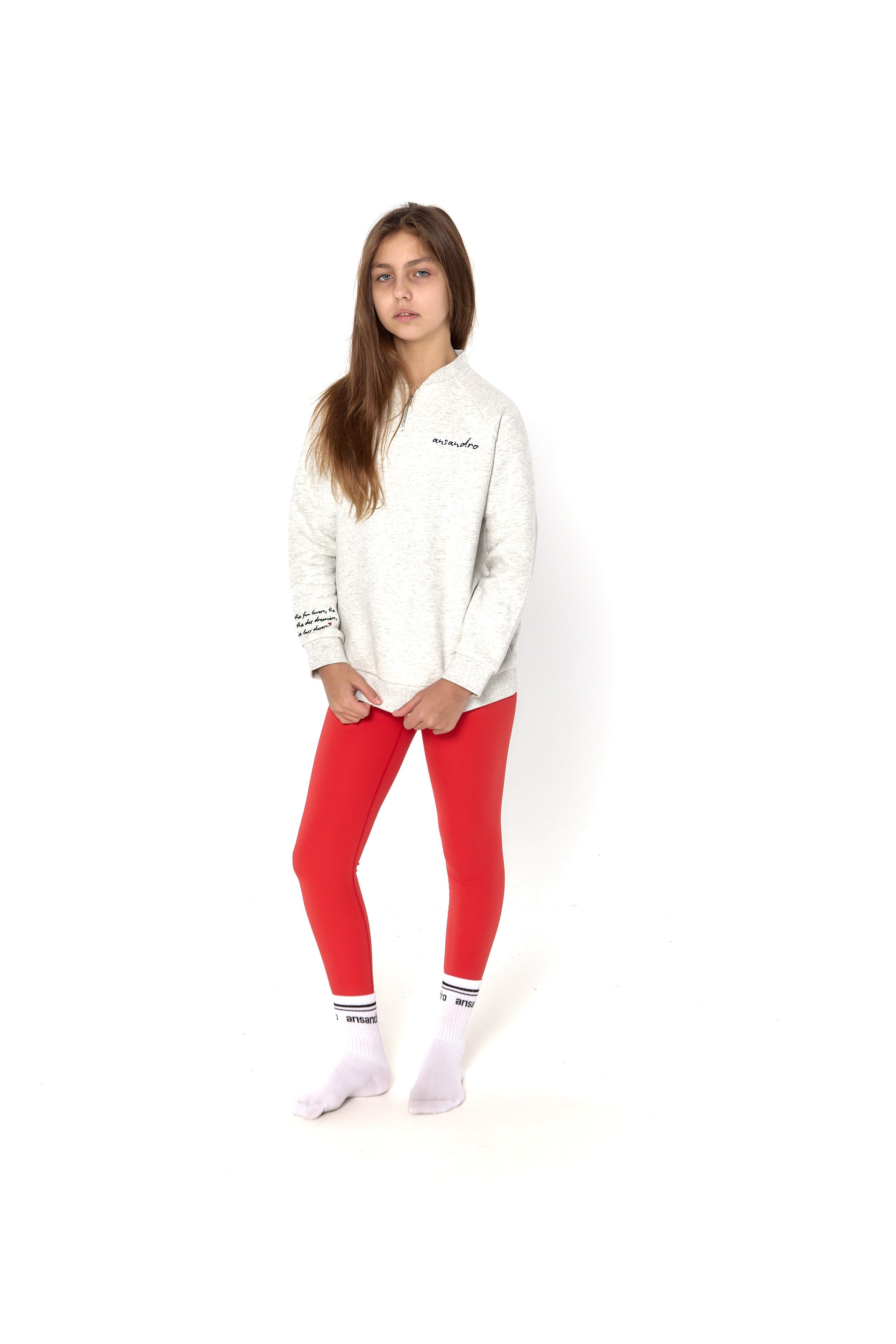 Girls' high-waisted leggings in vibrant colours (red) - perfect for sports and casual wear - full set with 100% cotton branded grey zip sweatshirt and branded socks