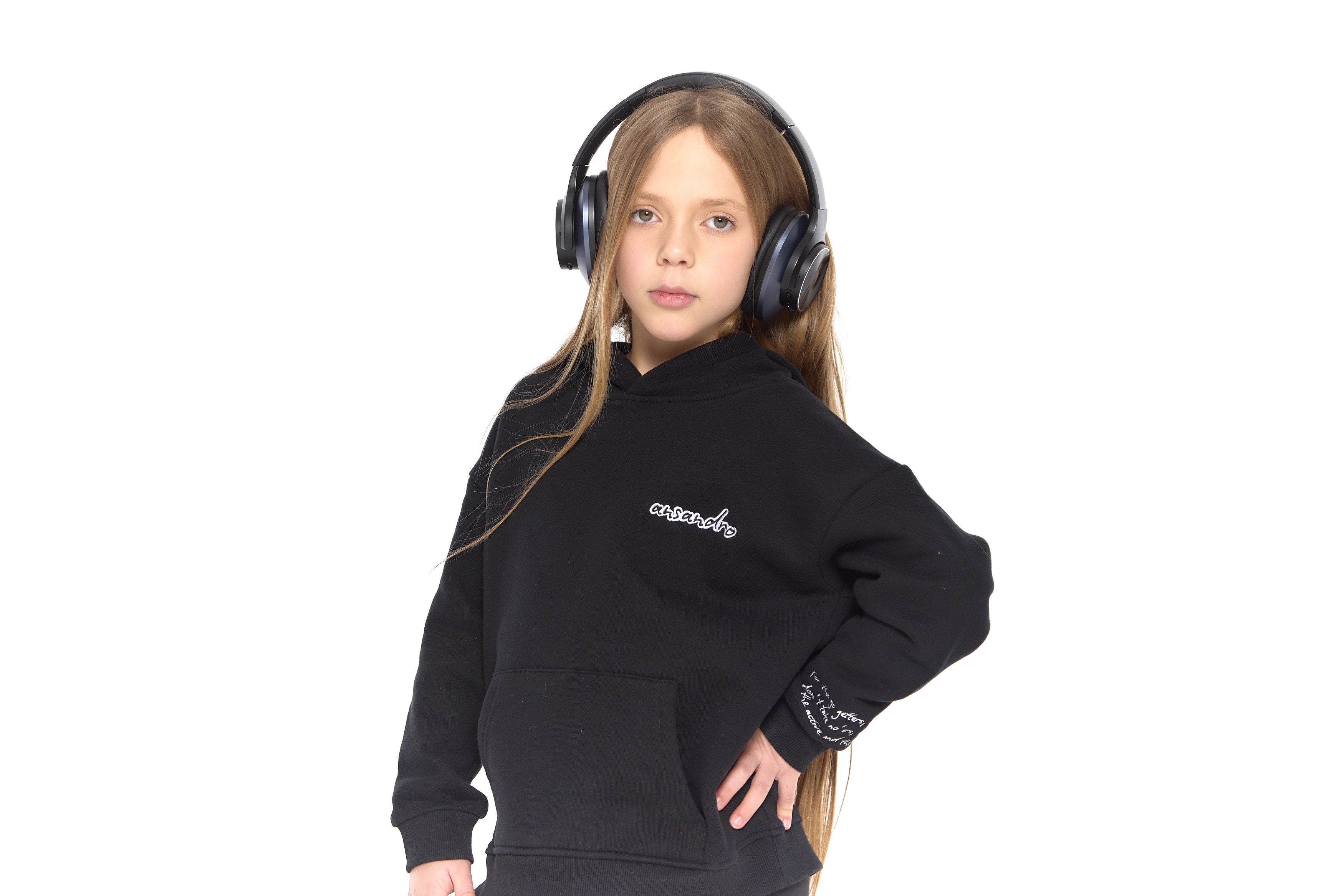 100% cotton black hoodie for kids - embroidered branding and detail - font view - girls activewear - side view