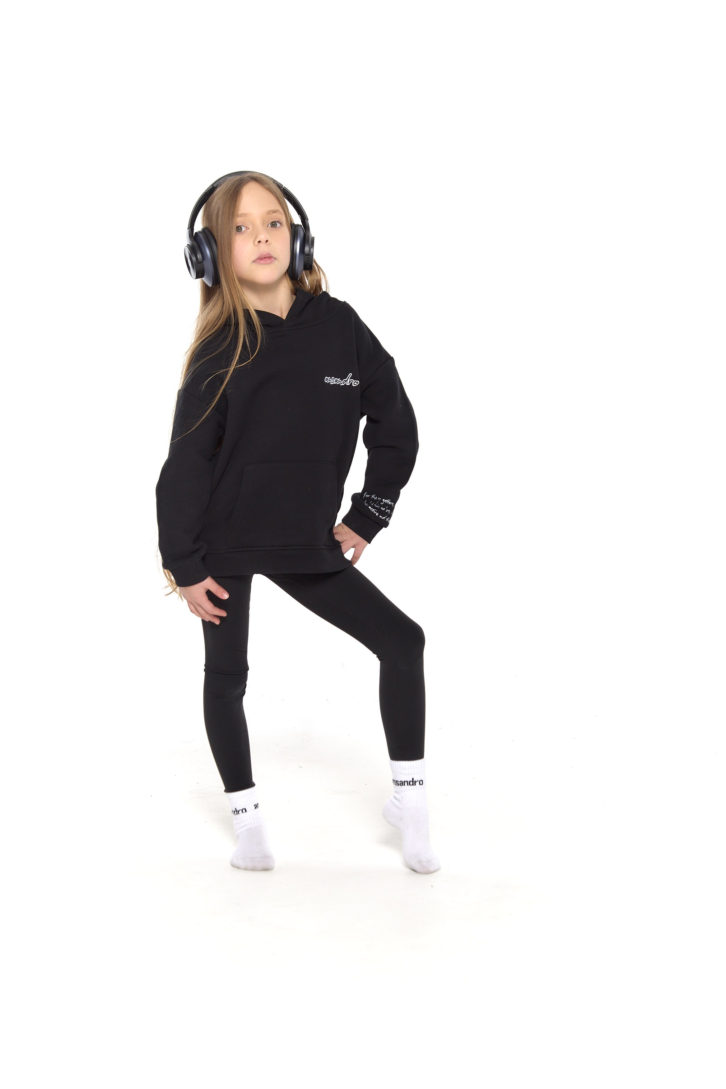 Black high-waisted leggings for kids - premium activewear for comfort and style.  Paired with Black 100% cotton hoodie.