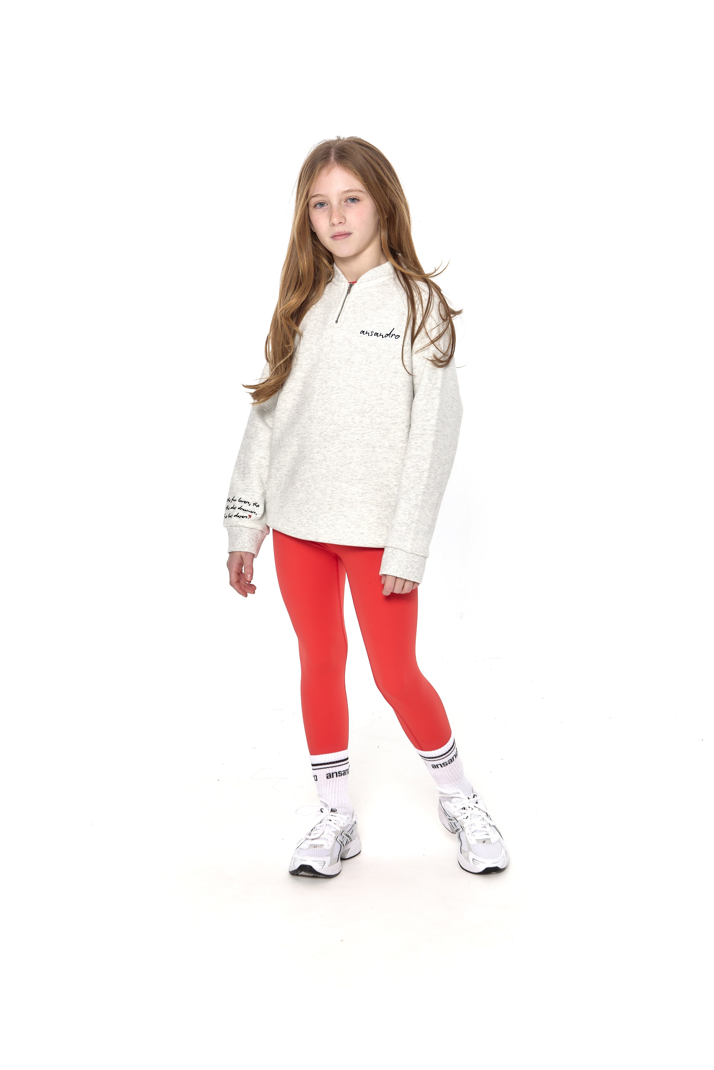 Girls' high-waisted leggings in vibrant colours (red) - perfect for sports and casual wear - full set with grey 100% cotton sweatshirt